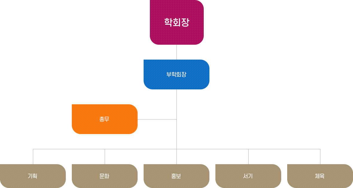 학회장 밑으로 부학회장과 총무가 있다. 부학회장 밑으로 기획, 문화, 홍보, 서기, 체육이 있다.